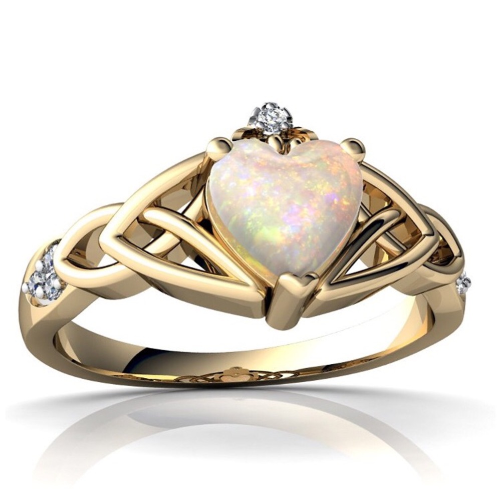 14k Gold Opal Diamond Claddagh Trinity Knot Ring